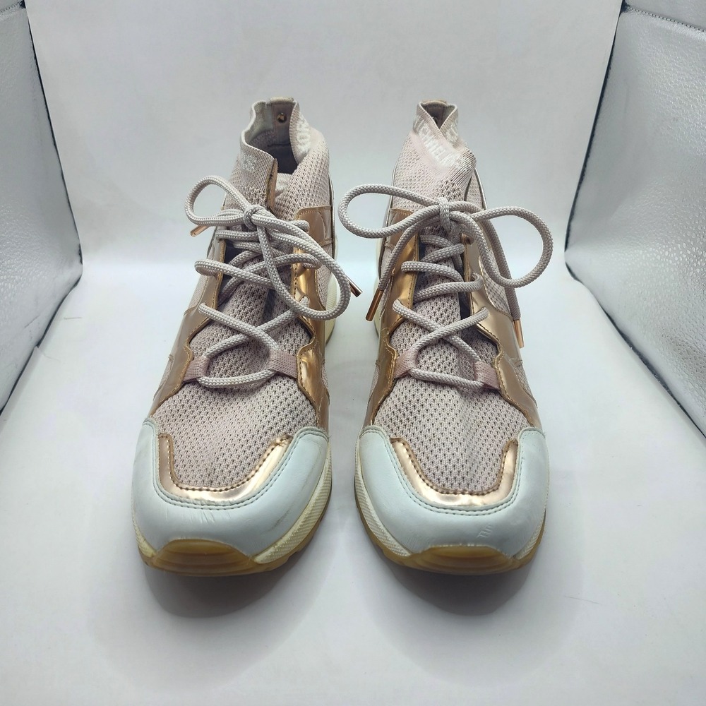Michael Kors Markie Bootie Pink Sneakers Rose Gold Shoes Size 9.5 Stretch Knit - Picture 2 of 16